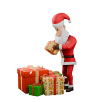 3D Cartoon Santa Claus Character. A Male Santa Claus stands while holding presents with both hands while on the floor are some presents. Artistic Design png