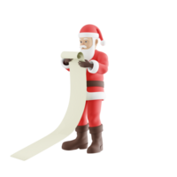 Cartoon Santa Claus Design. A Male Santa Claus stands with both hands holding a long paper containing a list. 3D Illustration png