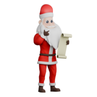 Santa Claus 3D Character Art. A Santa male stands holding a long piece of paper in his left hand, and points to the book with his right hand. Cartoon Illustration png