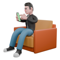Professional Screenwriter 3D Model. A Male Screenwriter sits on a sofa playing with a cellphone in his right hand. Cartoon Character Design png
