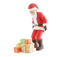 Santa Claus Character 3D Design. A Male Santa Claus stands while looking at the presents on the floor with a surprised expression. Cartoon Style png