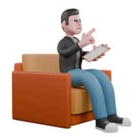 Screenwriter 3D Cartoon Model. A Male Screenwriter sitting on a sofa with a clipboard in his hand and the other hand pointing in a certain direction. Creative Character Design png
