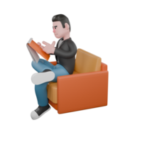 Screenwriter 3D Model. A male screenwriter sits on a sofa with his right leg crossed over his left leg while his right hand holds a note and his left hand points at the note he is holding. Cartoon png