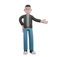 3D Cartoon Illustration. A male screenwriter stands with his right hand on his waist while his left hand is stretched out to the side, a wide smiling expression. Screenwriter Character Model png