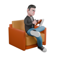 A male screenwriter sits on a sofa with his left leg crossed over his right leg while his left hand holds a notepad and his right hand holds a pencil as if he is writing. png