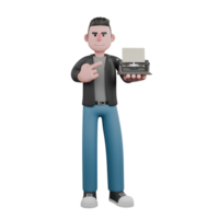 Creative 3D Cartoon Screenwriter Model. A male screenwriter stands with his left hand holding a typewriter and his right hand pointing at the machine type the script he is holding. Character Design png