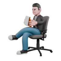 Cartoon 3D Character Design. A male screenwriter sits on a chair with his left leg crossed over his left leg while both hands hold a note, a wide smiling expression. Screenwriter Illustration png