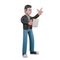 3D Screenwriter Character. A male screenwriter stands facing left with his right hand holding a note while his left hand points up, a happy expression. Cartoon Creative Illustration png
