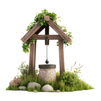 Nature scene featuring a rustic wooden well surrounded by lush greenery and stones png
