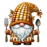 Whimsical thanksgiving gnome holding fork and spoon autumn kitchen decor colorful environment png