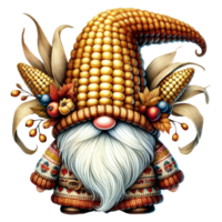 Whimsical gnome character with corn hat autumn vibes digital art fantasy setting playful concept png