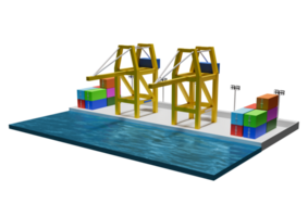 A 3d rendering of a cargo ship and a crane png