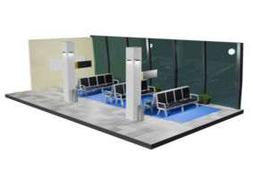 A 3d rendering of a waiting area with chairs and a television png