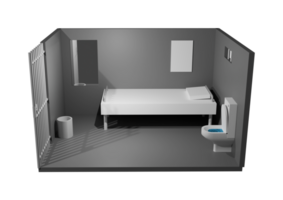 A 3d rendering of a prison cell with a bed, toilet and sink png
