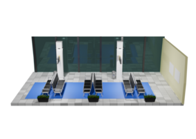 A 3d rendering of a room with chairs and tables png