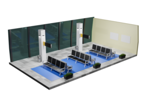 A 3d rendering of a waiting area with benches png