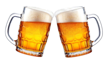 Two frosty beer mugs clinking in celebration with golden lager inside, symbolizing friendship. png