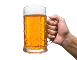 A person holds a frothy beer mug, celebrating a joyful moment. png