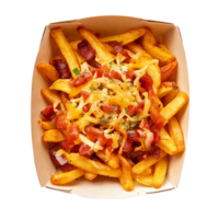 Delicious loaded fries topped with cheese, bacon, and green onions in a takeout container. png