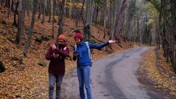 hipster hikers couple with backpacks got lost in forest, looking at travel smartphone application and arguing about right route trek, pointing in different directions during hiking in autumn nature. video