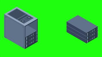 Isometric server animation. Server racks. Server boxes isolated. Network server room. Computer network technology. 4K animated in isometric style video