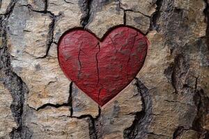 Carved heart symbol on tree bark photo