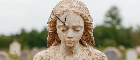 Weathered stone statue with serene expression photo