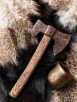 Rustic Axe and Mug on Fur Texture photo