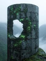 Mysterious glowing ruins in the fog photo