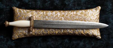 Ornate golden dagger on decorative cushion photo