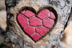 Carved heart shaped design in tree bark photo
