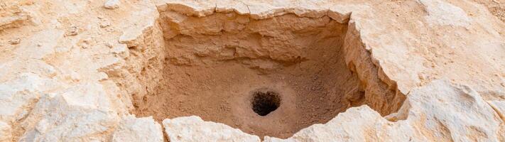 Closeup of a natural cave entrance in a desert landscape photo
