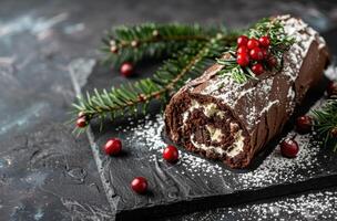 Festive chocolate yule log cake with cranberries and pine branches photo