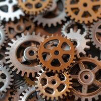 Intricate gears and cogs of a mechanical device photo