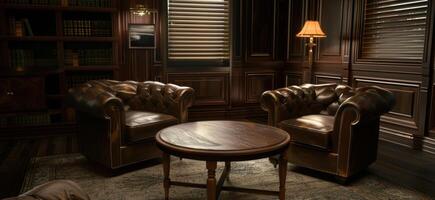 Cozy leather armchairs and table in a classic library photo