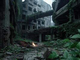 Overgrown abandoned urban building in dark moody atmosphere photo