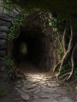Mysterious forest path through stone archway photo