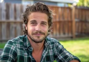 Smiling man with curly hair and beard in plaid shirt photo