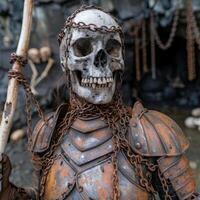 Spooky skull warrior statue with chains photo