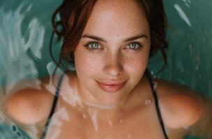 smiling woman with freckles and green eyes photo
