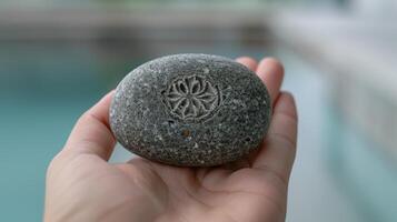 Carved stone with floral pattern in hand photo