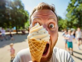 man with surprised expression eating ice cream cone photo