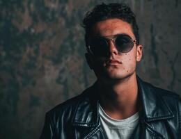 Mysterious man in sunglasses and leather jacket photo