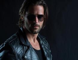 Mysterious man in leather jacket and sunglasses photo