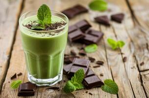 Refreshing green smoothie with chocolate and mint photo