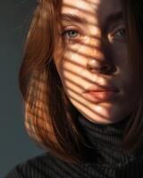 close up portrait of a woman with striking green eyes photo