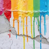 Vibrant rainbow paint dripping on cracked concrete wall photo