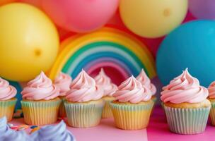 Colorful cupcakes with pink frosting photo