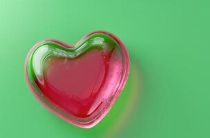 heart shaped glass container filled with red liquid on green background photo