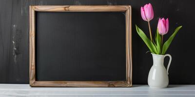 Chalkboard frame with pink tulips photo